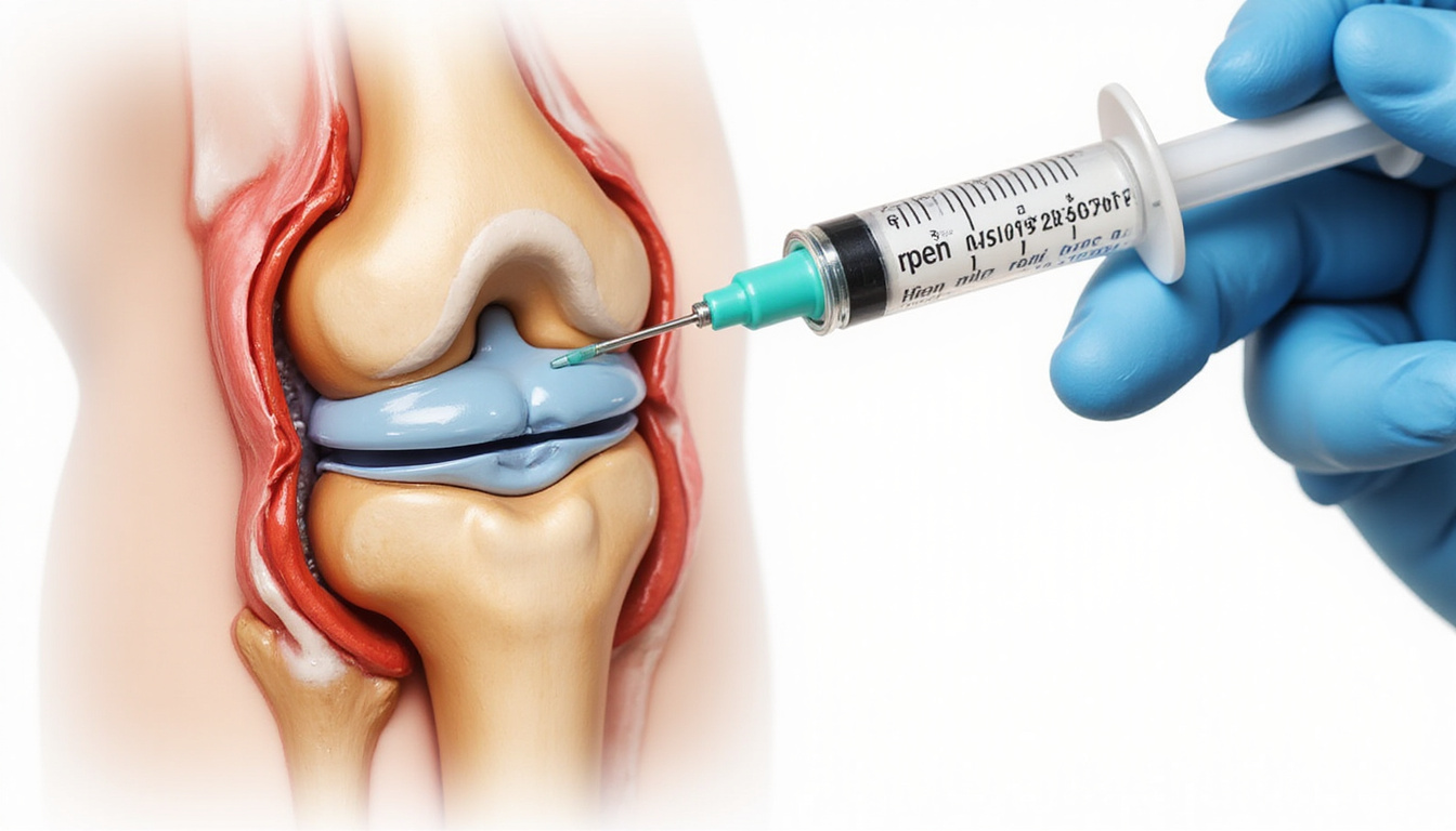  cross-sectional knee joint diagram, viscosupplement syringe injecting hyaluronic acid, high-detail educational style