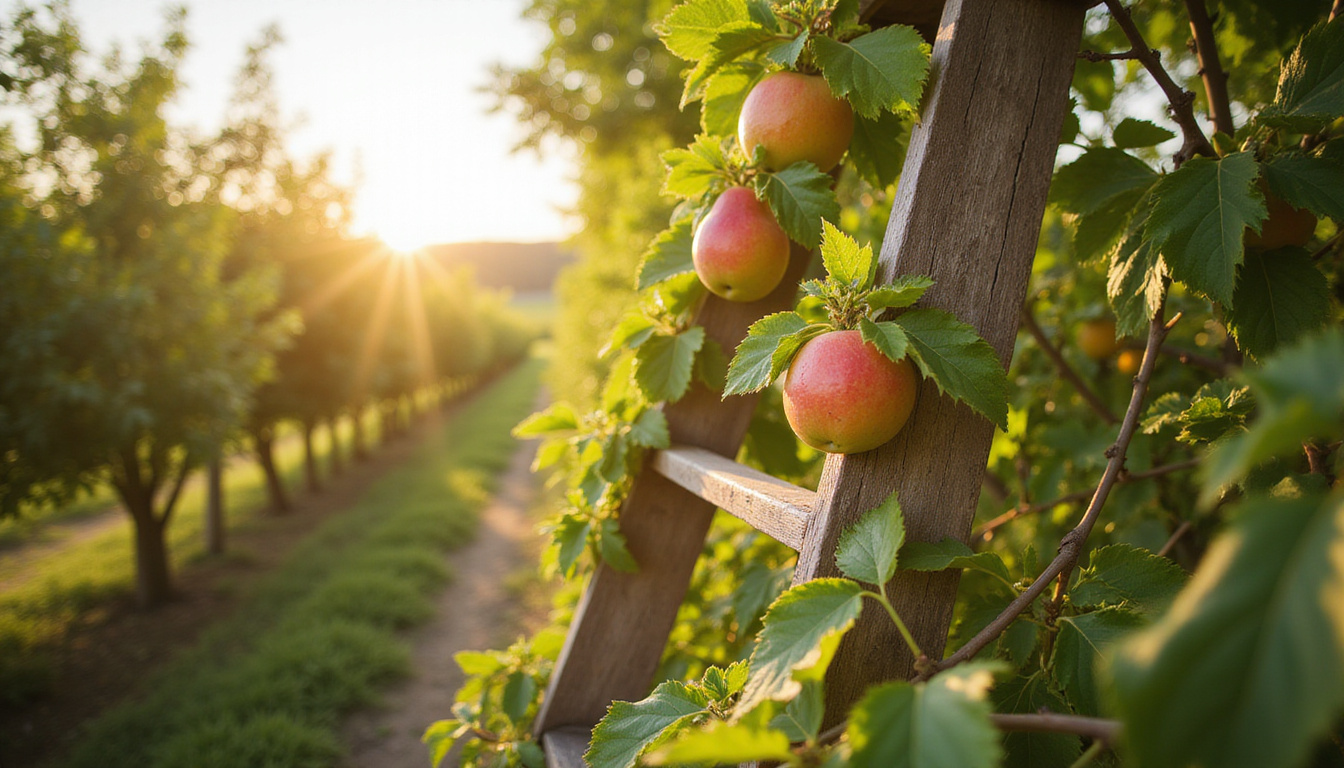  Rustic ladder, simple pruning technique demonstration, doubled fruit-laden branches, warm sunlight