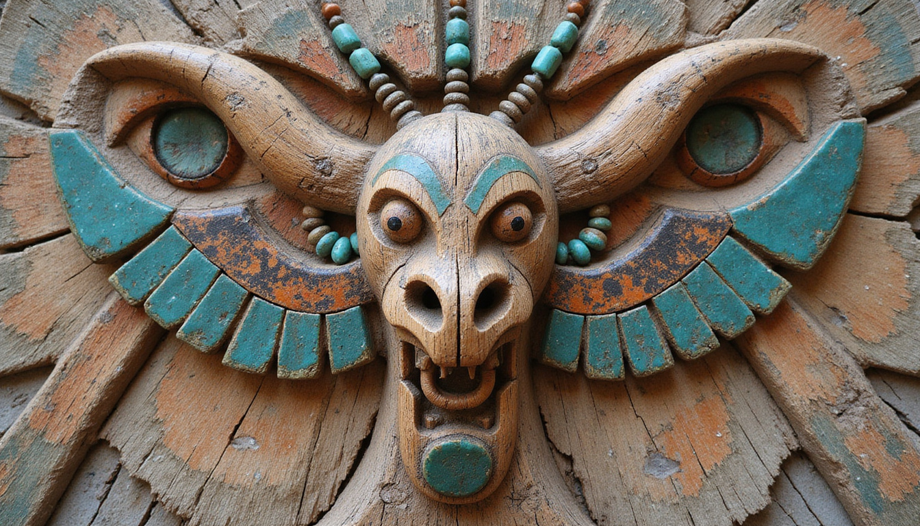  Ancient totem animals carved in weathered wood, desert dusk, turquoise beads, sacred symbols