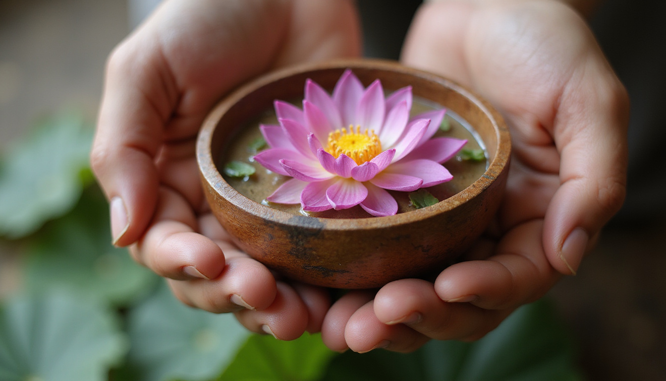  Close-up weathered wooden alms bowl cradled by gentle hands, lotus petals, soft bokeh