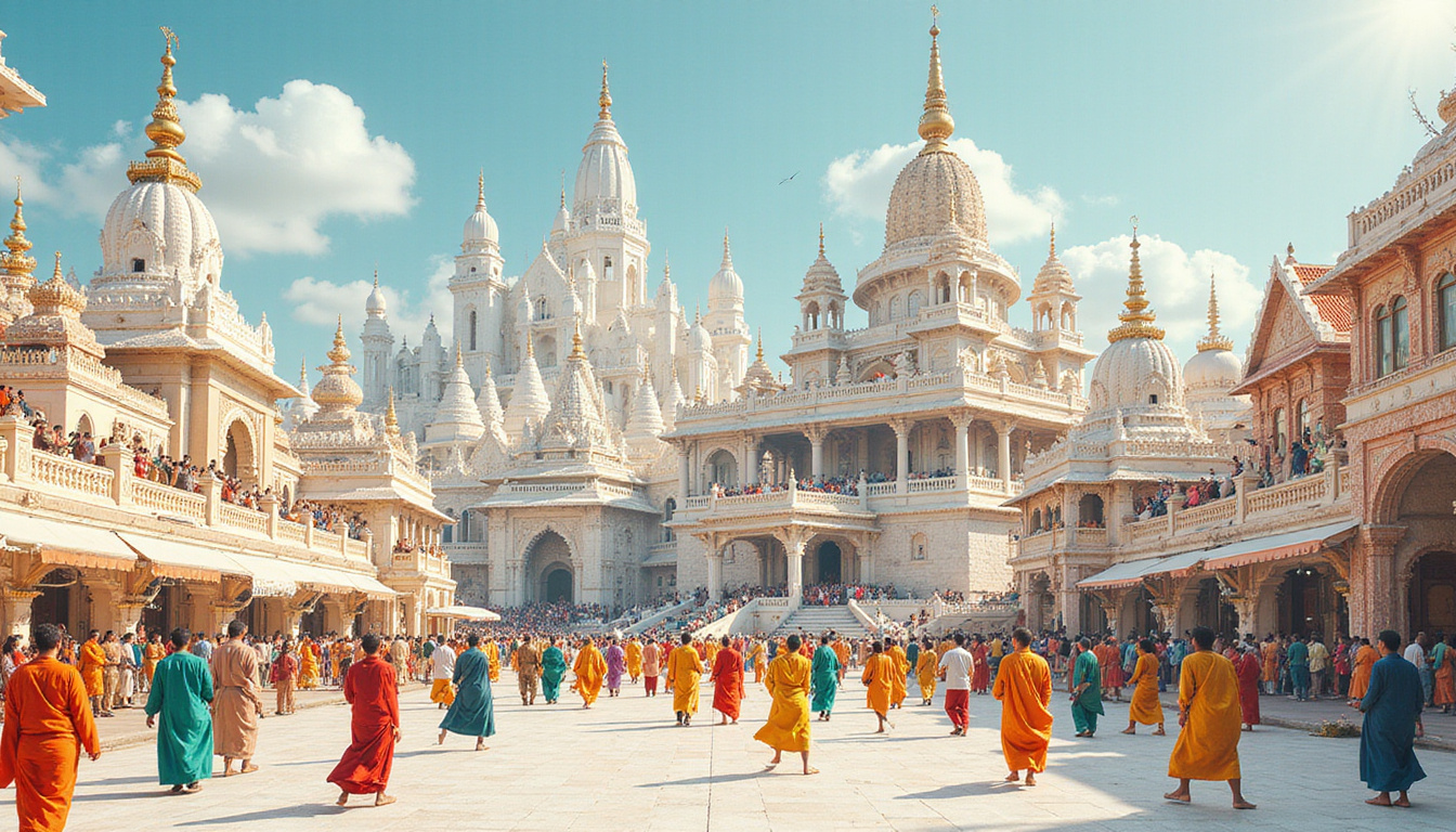  Cityscape where temples, cathedrals, shrines interlace; people dancing, blended garments, colorful symbols