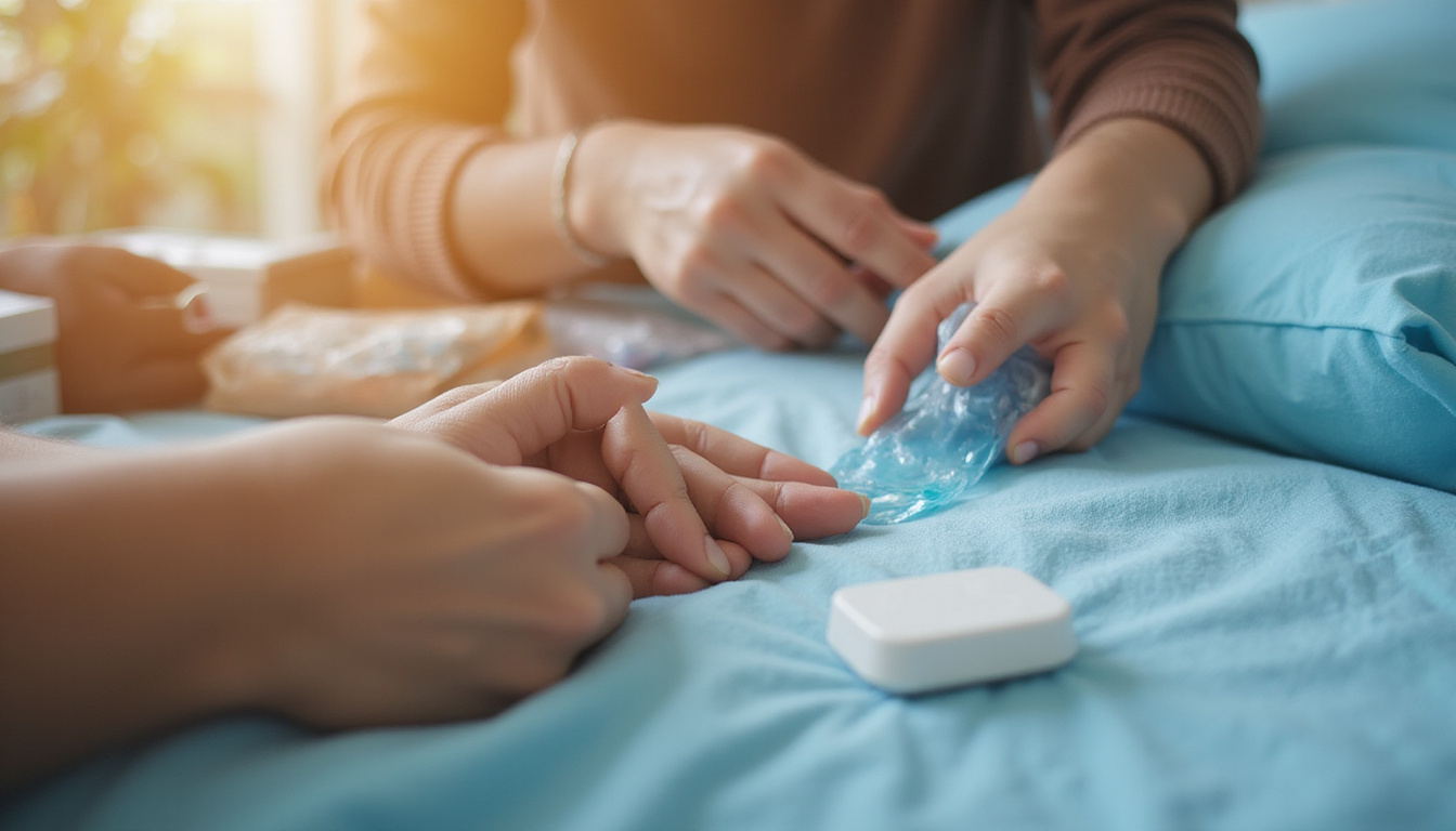  Hands applying ice pack, gentle stretch, deep breathing, pill box, emergency call, warm light