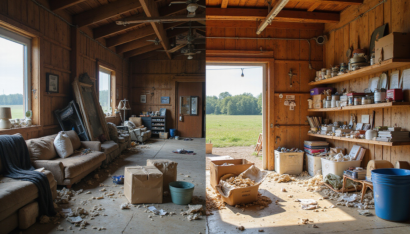 Photorealistic before-and-after split image: cluttered barn transforming into clean organized space, cash box visible