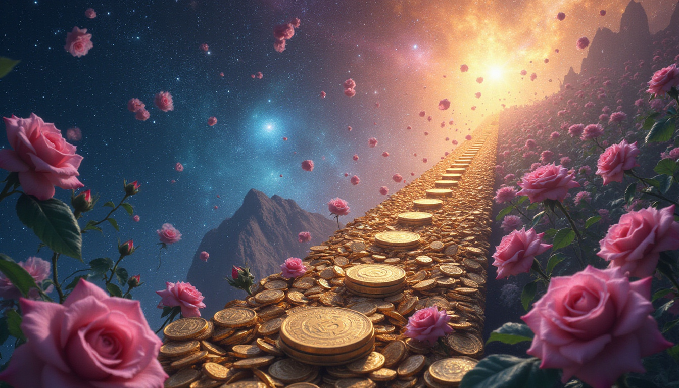 Fortune-infused career ladder ascending through cosmic nebula, coins and blooming roses raining abundant opportunities