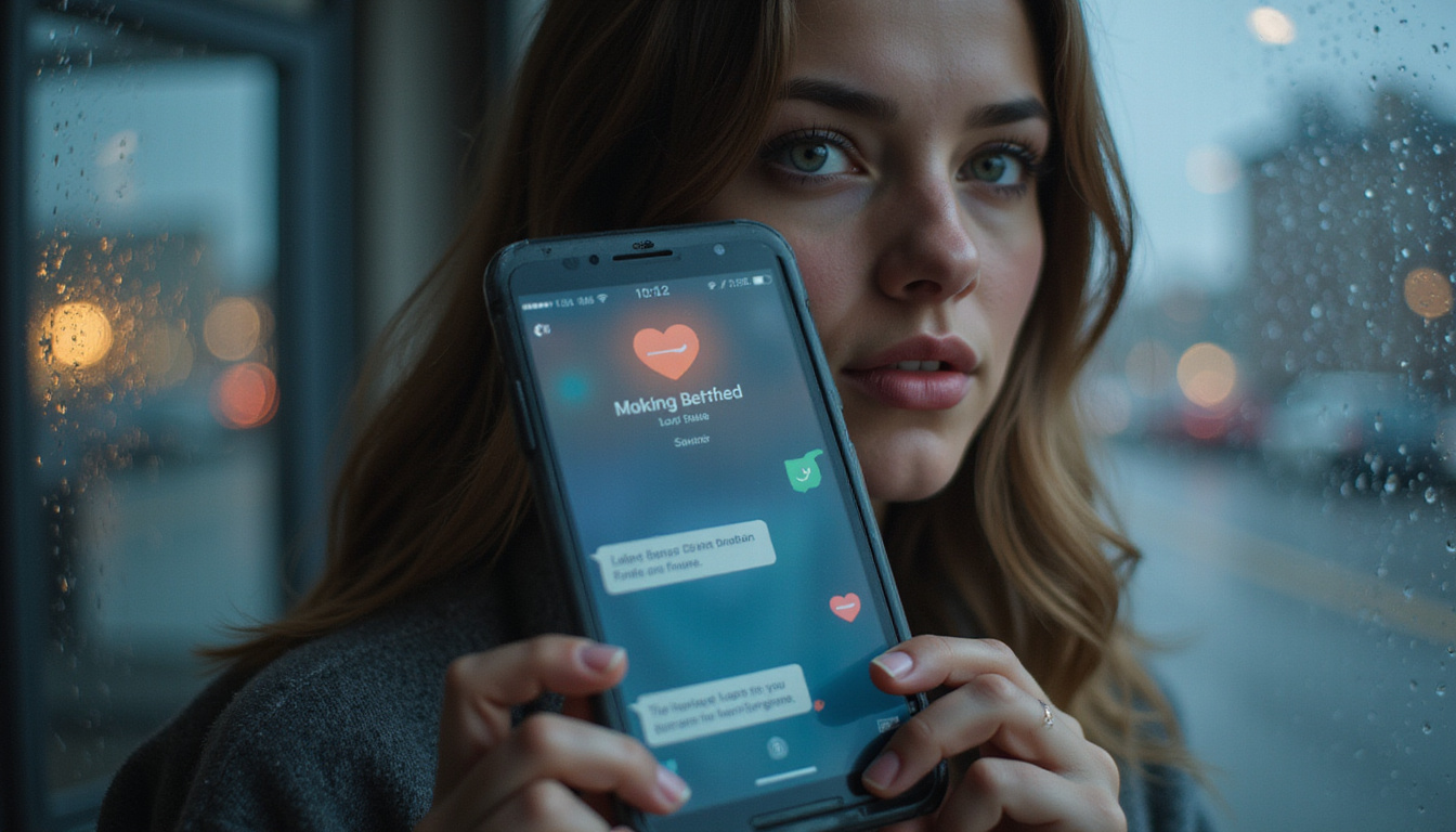 Smartphone screen revealing flirty messages, reflection of shy eyes, rainy window background