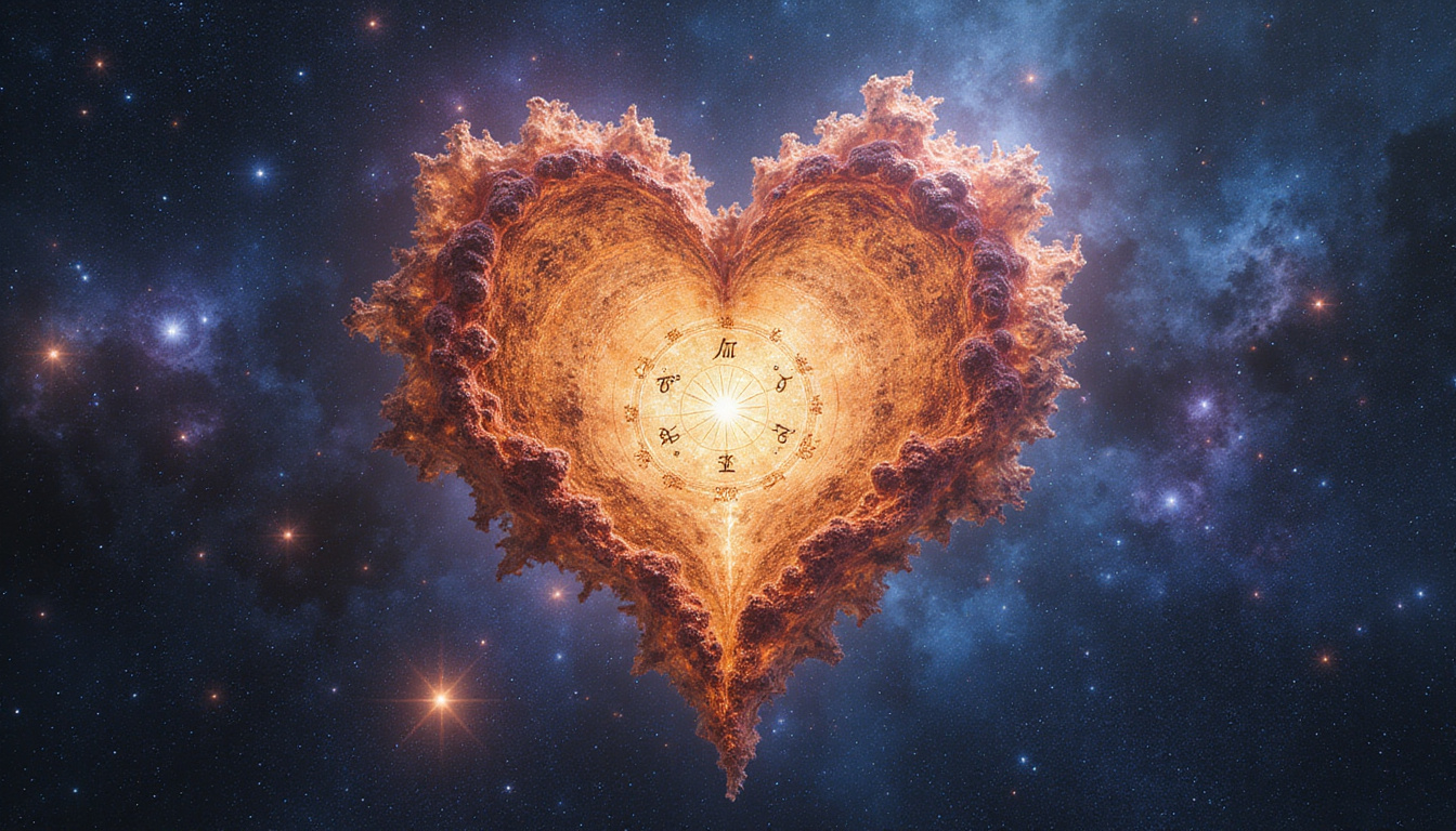  Ancient astrological chart unfurling into heart-shaped nebula, unexpected chemistry linking lifelong matches