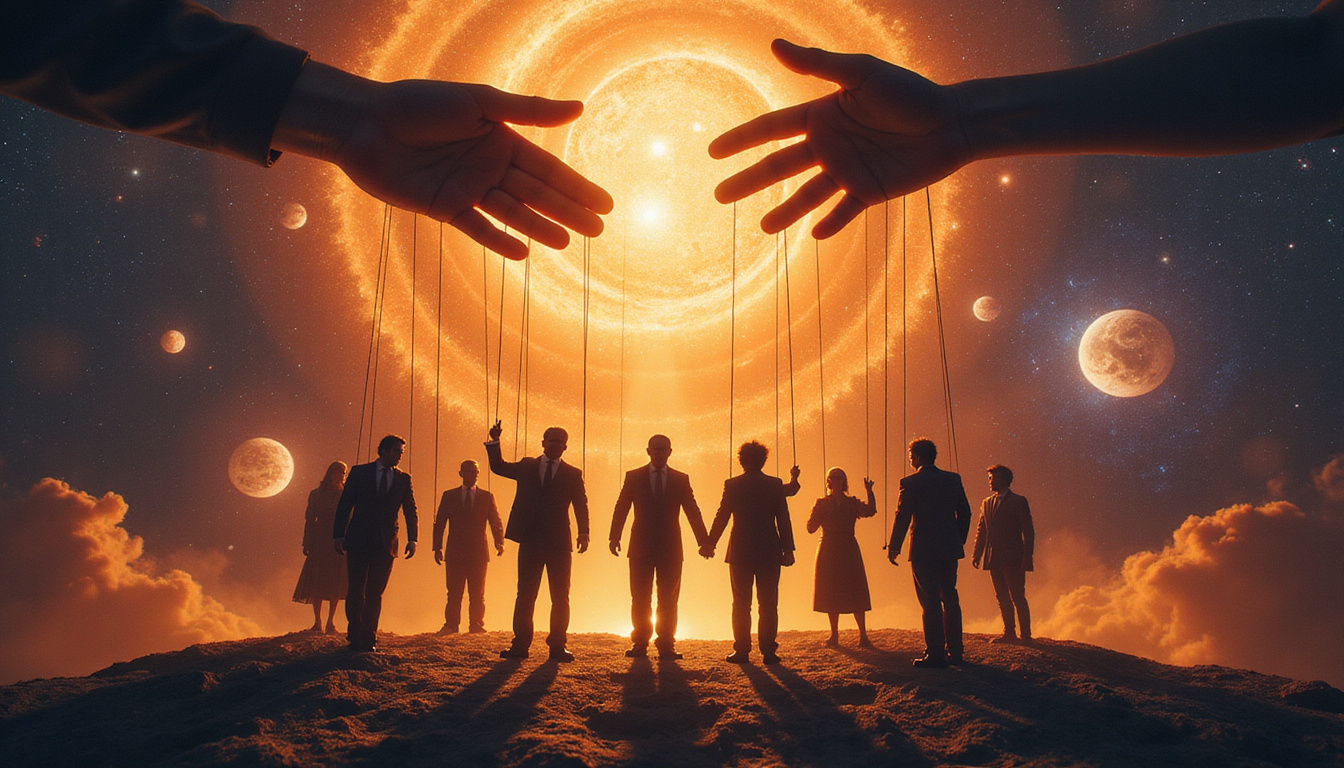  shadowy politicians as marionettes on strings pulled by celestial hands, zodiac symbols glowing