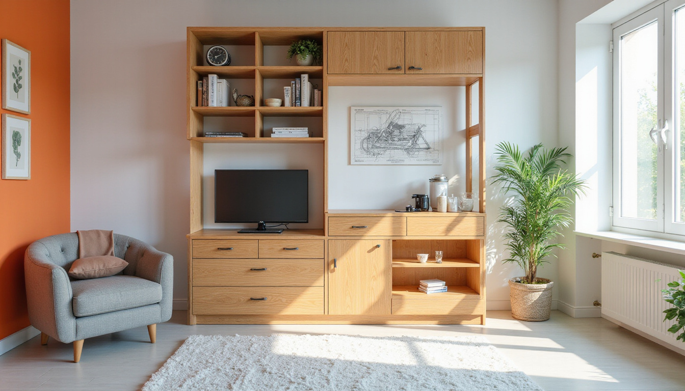  Compact studio with space-saving stacked furniture parts, neat modular layout, blueprint and smartphone tutorial