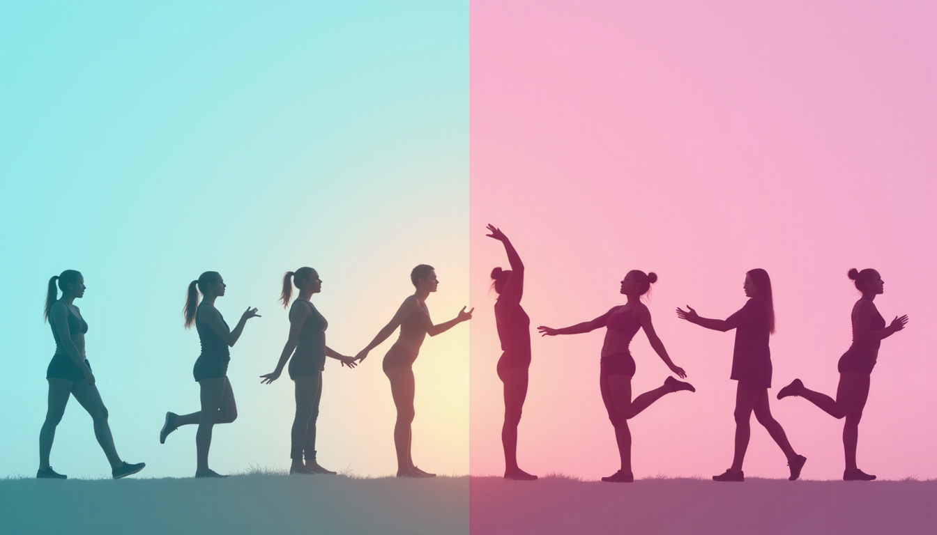  Transformative before-and-after silhouettes, subtle motion trails, empowering posture changes, minimal pastel background
