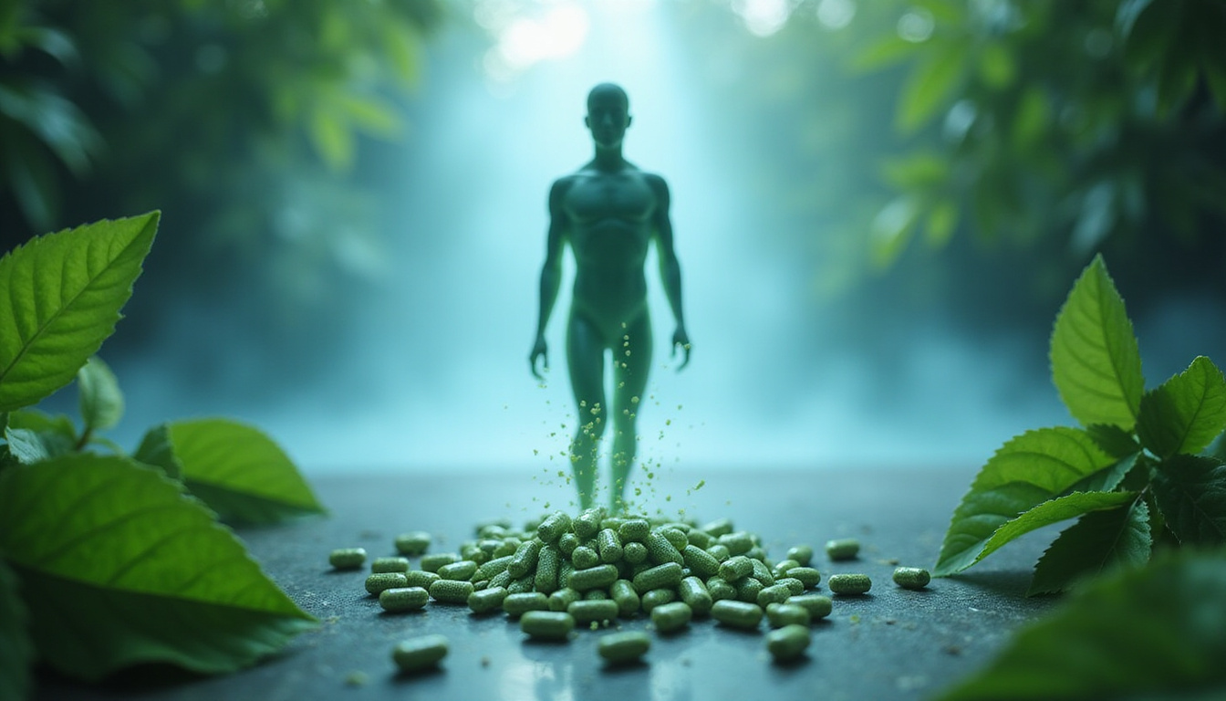  Herbal capsules dissolving into light, body silhouette healed, green leaves, soothing blue aura