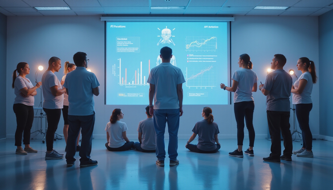 Diverse patients performing exercises with wearable sensors, charts, supportive AI coach hologram
