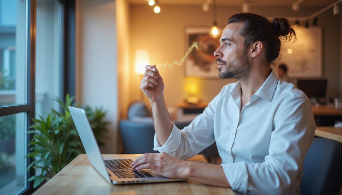  Small business owner triumphantly adjusting online listings on laptop, glowing local search rankings ascending