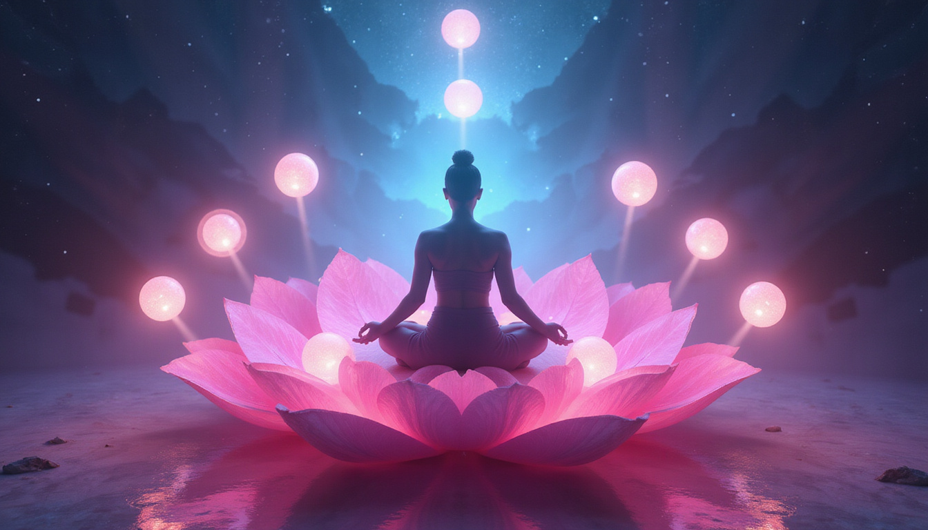  Meditative figure seated on giant pink lotus, ten glowing orbs, chakras aligned, radiant healing
