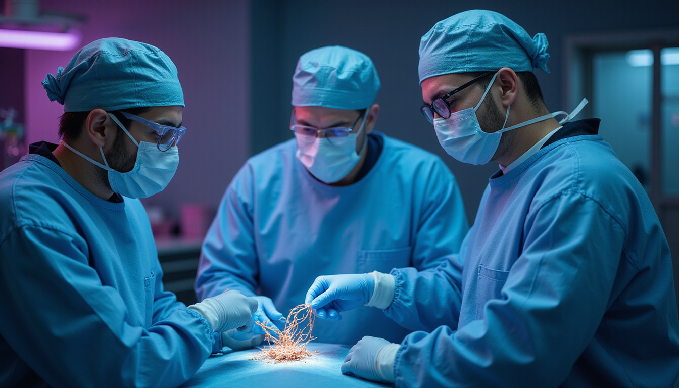  Microscopic MMP proteins as masked surgeons revealing wounds and healing, bioluminescent collagen strands