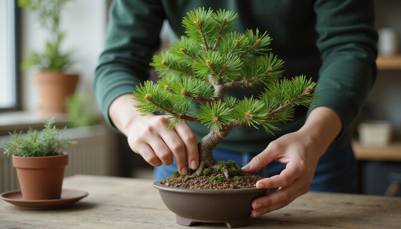  Close-up hands pruning delicate miniature pine bonsai, Japanese studio, soft diffused light