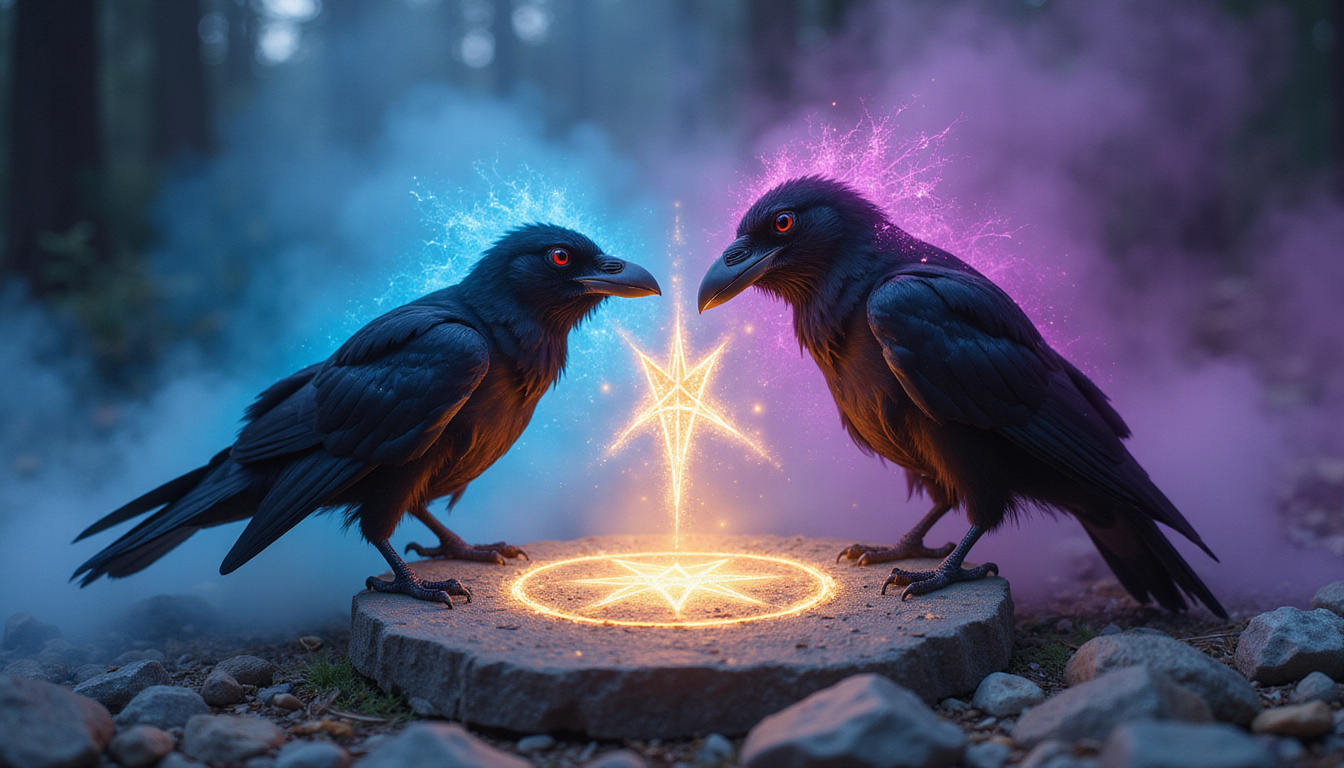 Sorcerer and raven familiar exchanging shimmering sigils, misty stone circle, vibrant empathic energy