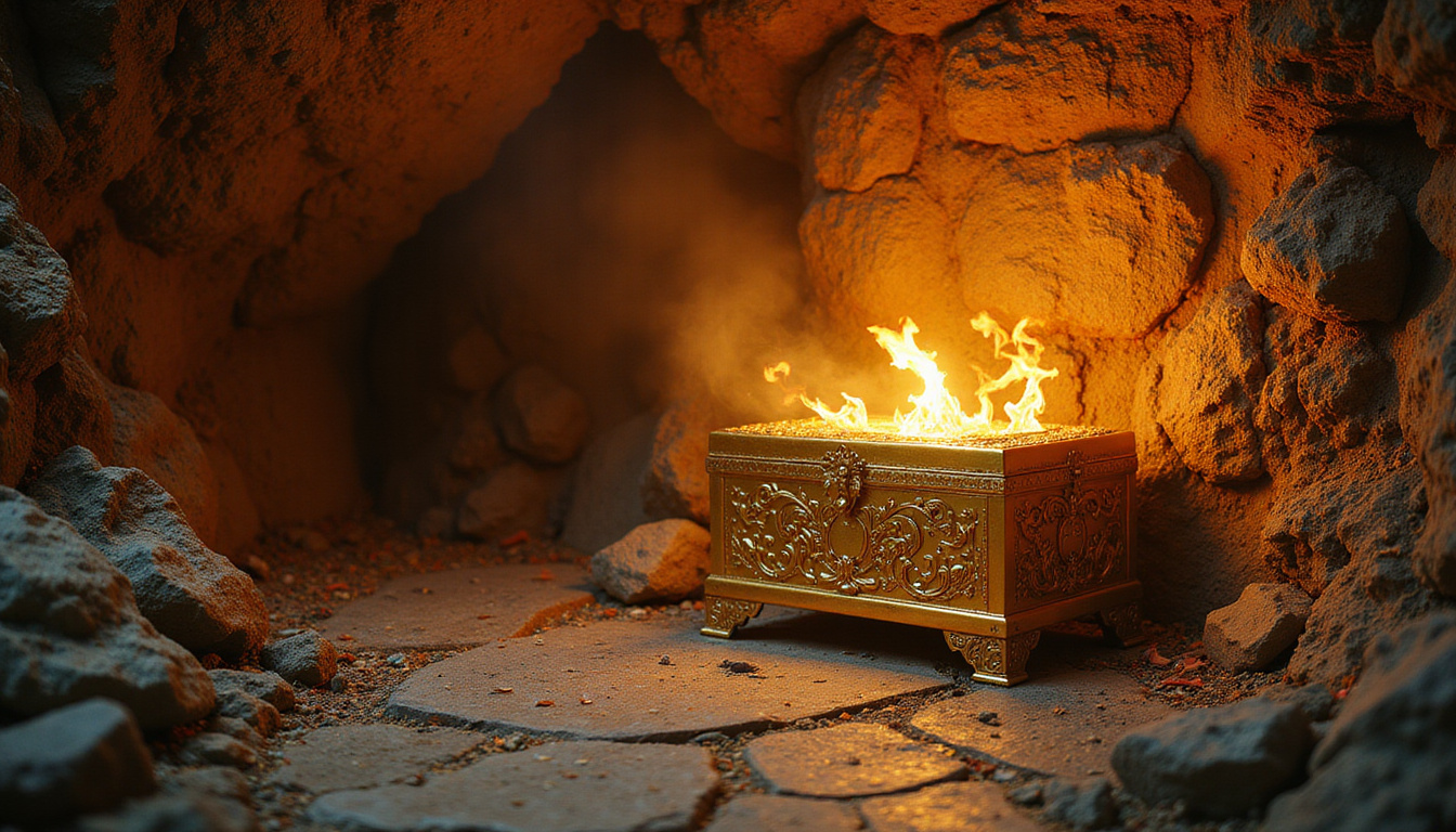 Hidden underground chamber, torchlight illuminating ornate gold chest with angelic cherubim silhouettes