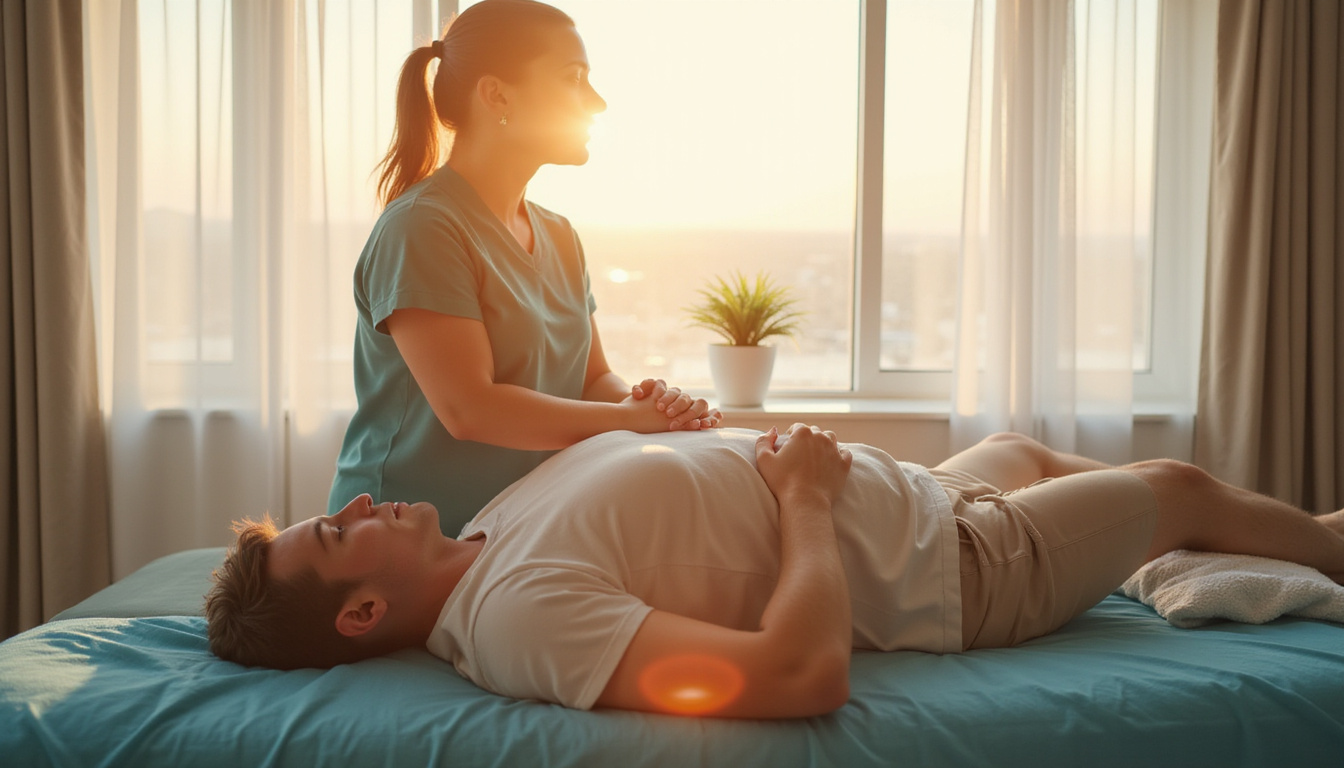 calm recovery scene: patient doing guided physical therapy, spine support, rehabilitation, sunlight, hopeful