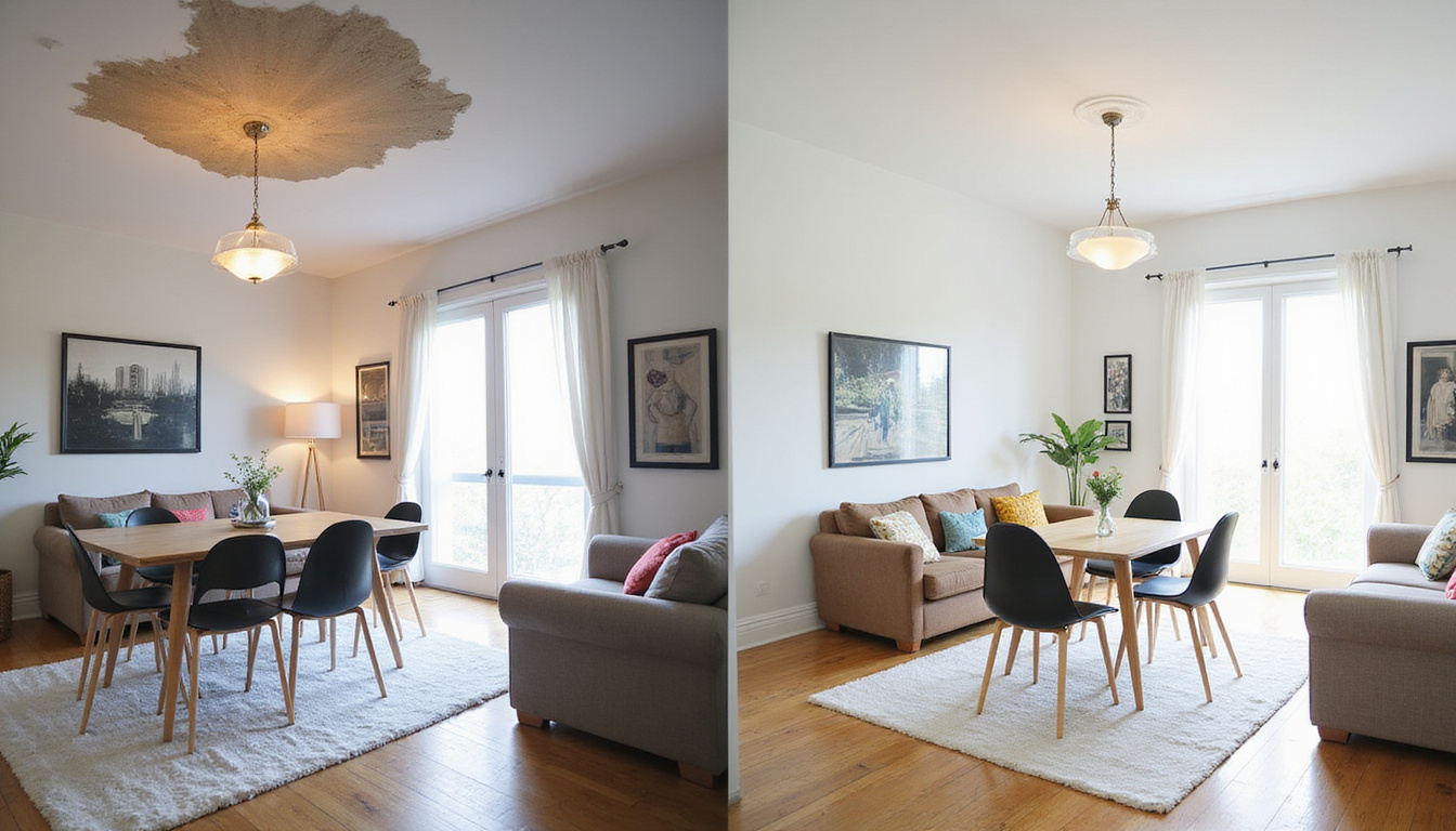  Before-and-after split view: outdated ceiling light replaced with sleek pendant, bright refreshing makeover