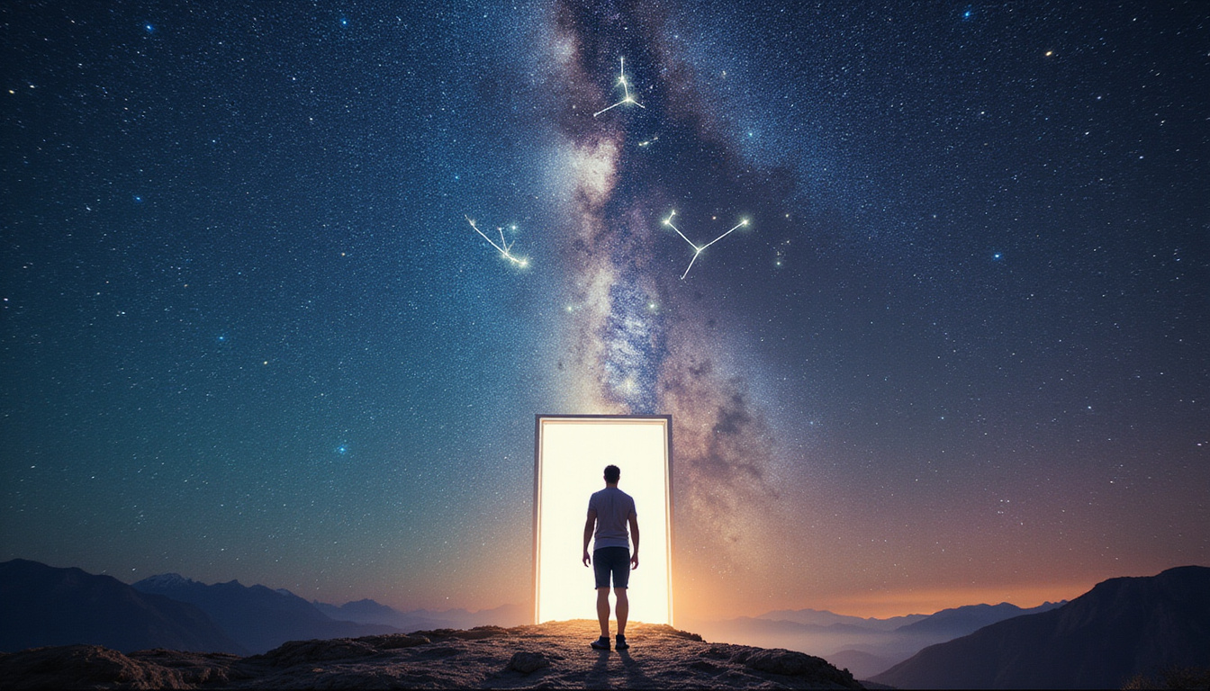  Person stepping through starlit doorway, constellations rearranging into symbols, life metamorphosis aura