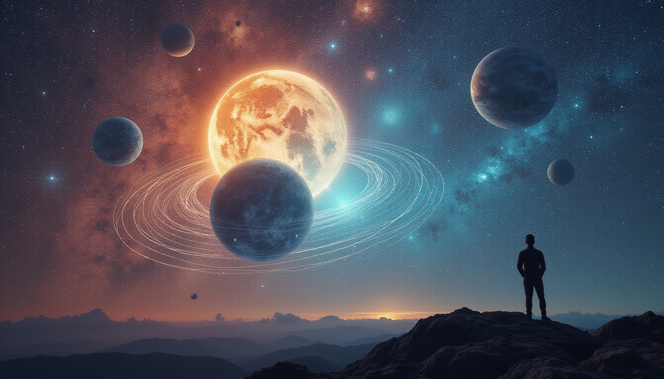  Celestial spheres, planets tracing sine-wave declinations, hidden rhythms sculpting human silhouette