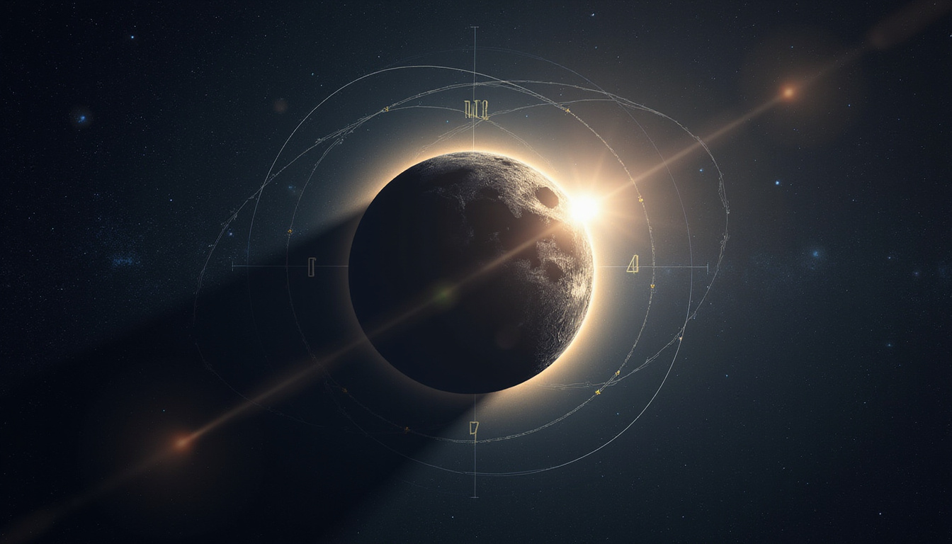 Dramatic eclipse alignment: Earth casting shadow on Moon, precise orbital clocks, starfield backdrop