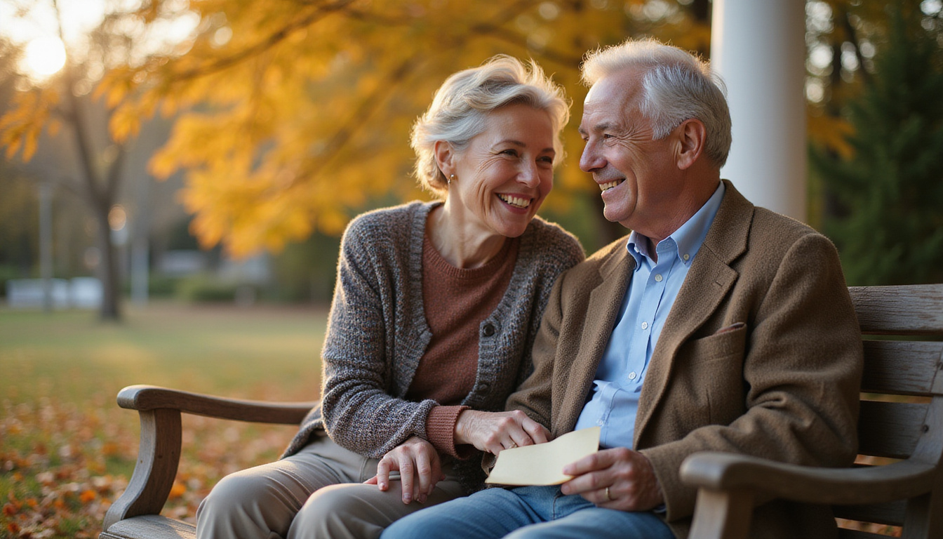 Elderly couple laughing on porch swing, scattered love letters, warm autumn light, steady gaze