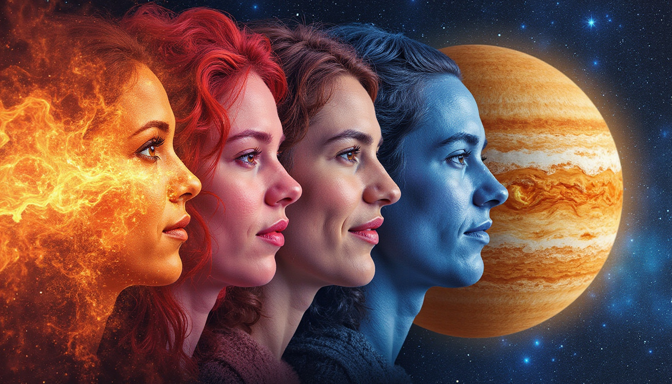  Astrological tableau: Mercury blazing intellect, Venus rose-pink empathy, Mars crimson will, Jupiter golden abundance