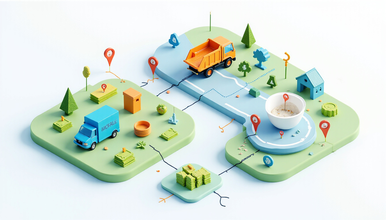  Isometric infographic showing optimized dump route, cash savings icons, recycling symbols, map pins