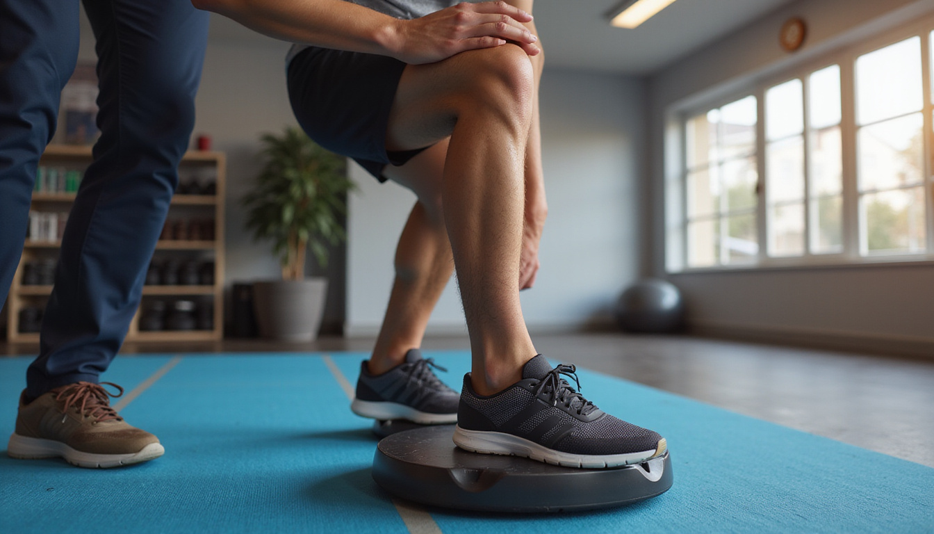  Close-up muscular knees bending on balance pad, coach guiding, speed lines, preventive sports therapy