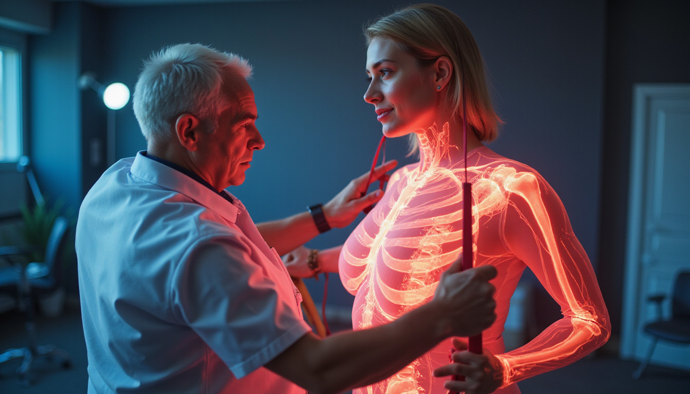  Doctor demonstrating speed recovery secrets, glowing biomechanical lines, resistance band training, empowered patient, cinematic close up