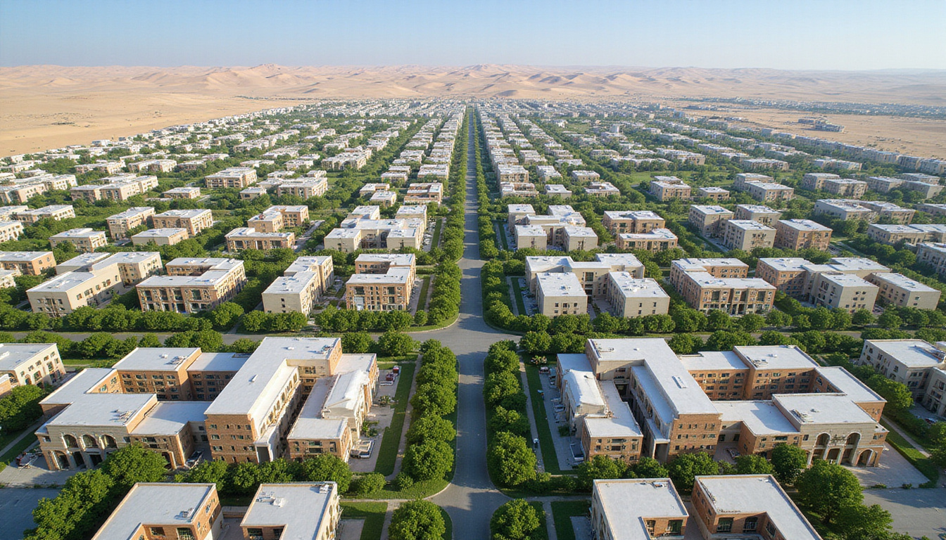  Aerial masterplan view, mixed-use developments, green corridors, for-sale signs, Arabic signage, optimistic investors