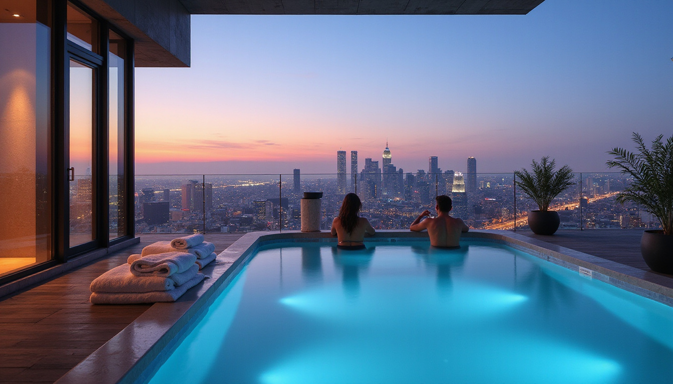 Minimalist luxury rooftop spa suite with panoramic glass railing, city lights, plush towels, serene couple