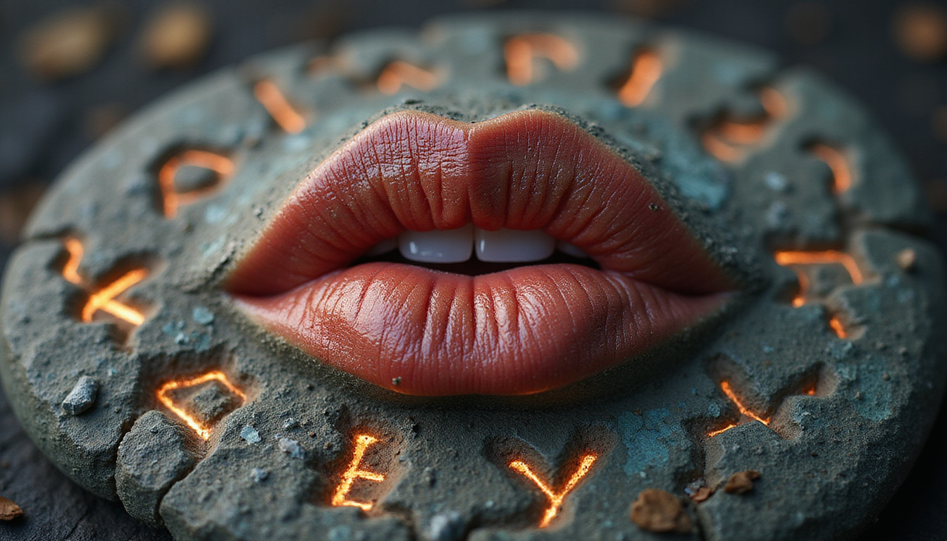  Close-up of lips on ancient stone, Gaelic runes glowing, whimsical luck aura