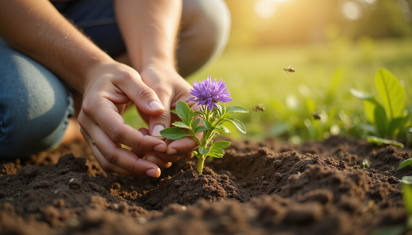 Close-up hands planting verbena in rich soil, compost, labels, morning light, bees hovering