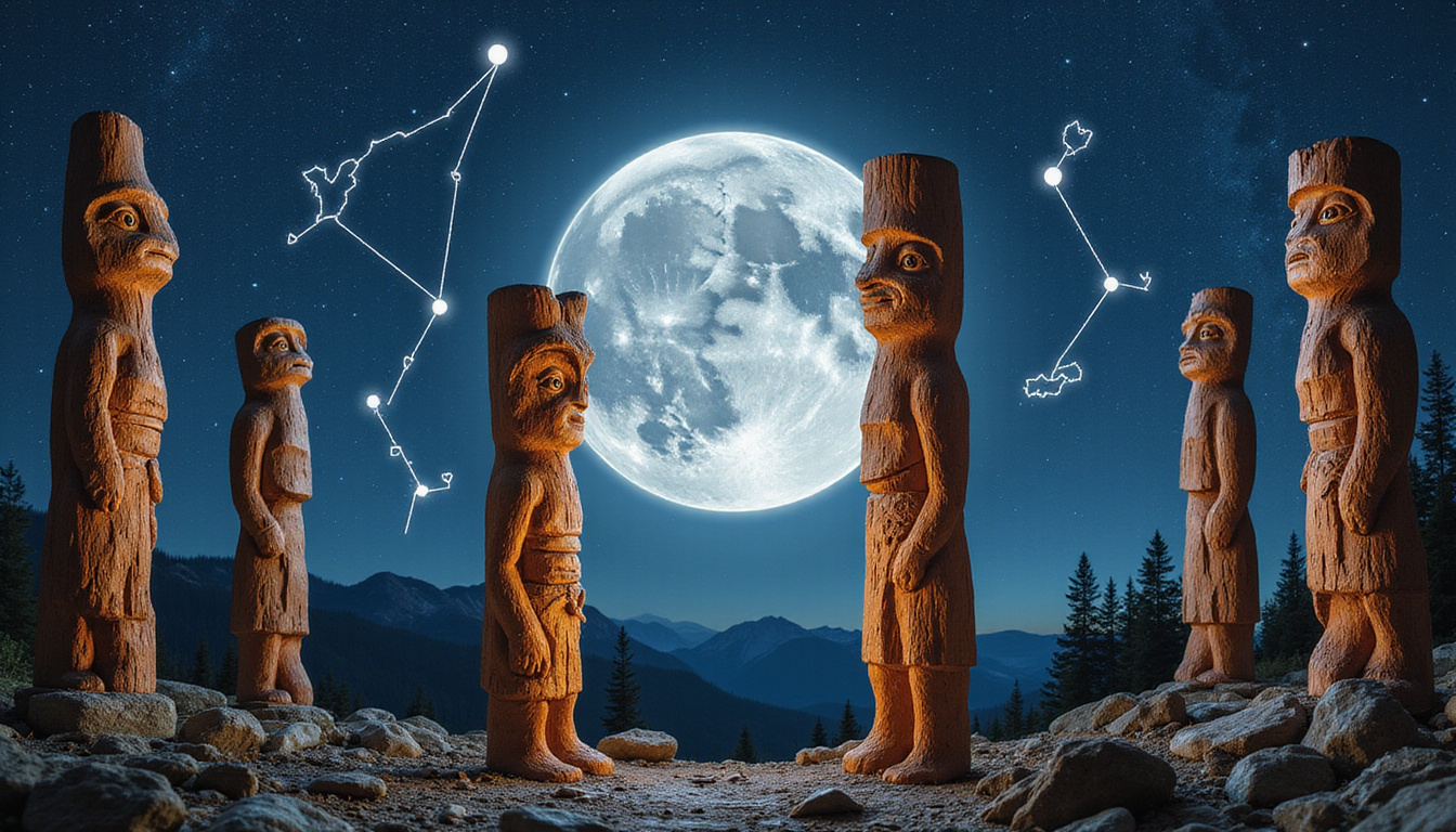  Native-inspired carved wooden totems surrounded by moonlight, constellations forming animal symbols