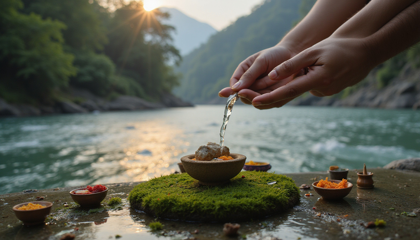  Hands pouring water over mossy Shiva lingam, ritual offerings, Himalayan river backdrop at dawn
