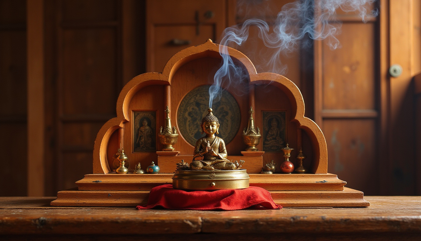 Wooden shelf shrine, incense smoke curling, brass icons, velvet cloth, warm golden glow, meditative calm