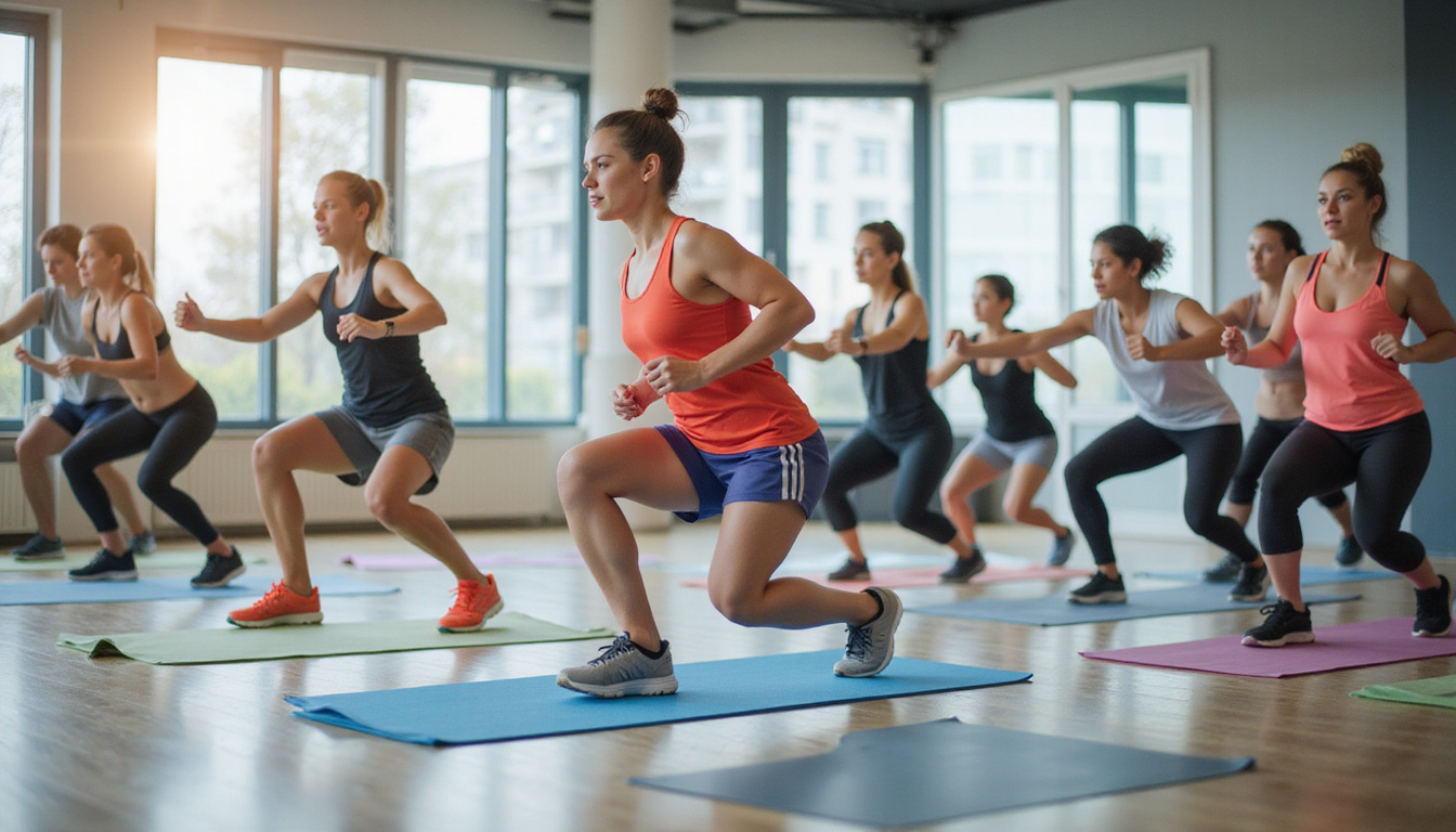  Diverse group doing eight resistance band moves, clean minimalist gym, vibrant colors, motion blur