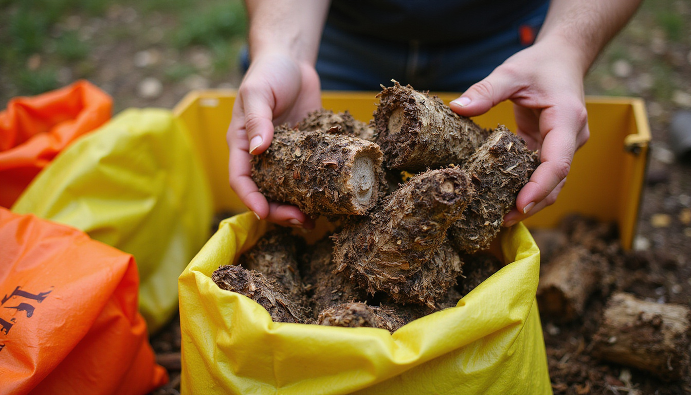Close-up hands stacking shredded branches into DIY chipper, vibrant mulch bags, savings chart pinned