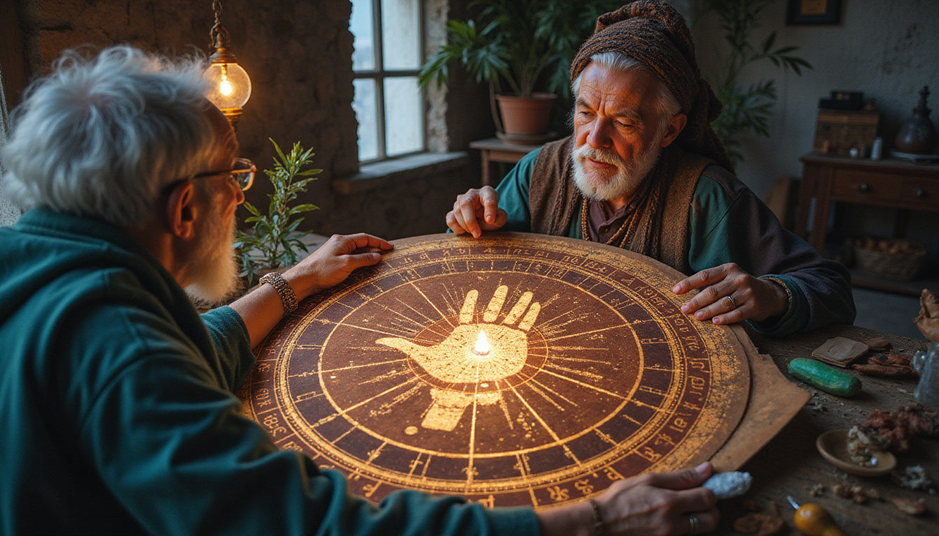 Elder astrologer studying copper yantra, illuminated palm chart, constellations forming destiny map