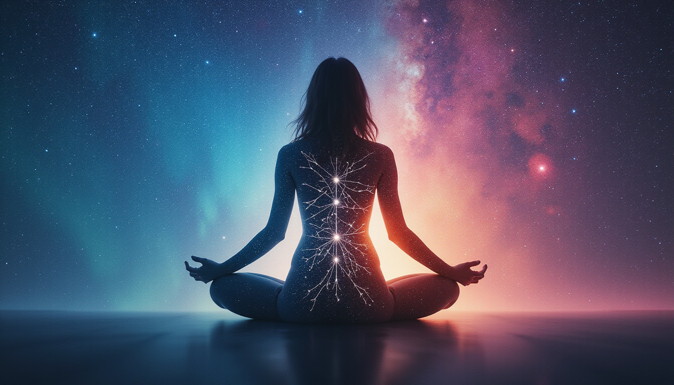 Person silhouetted embracing inner blueprint, constellation lines mapping emotional foundations, warm aurora