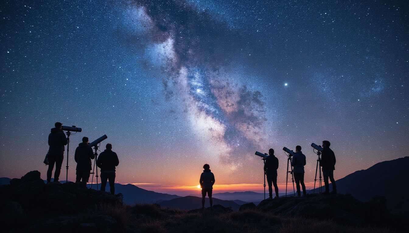 Group of skywatchers silhouetted on hill, telescopes pointed at aligned planets beneath shimmering Milky Way