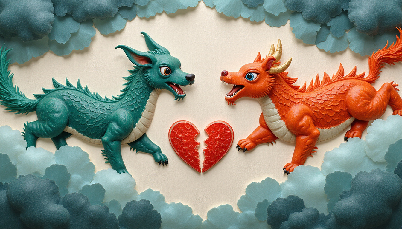  Tension between incompatible zodiac animals, stormy sky, cracked jade heart, traditional paper cuts