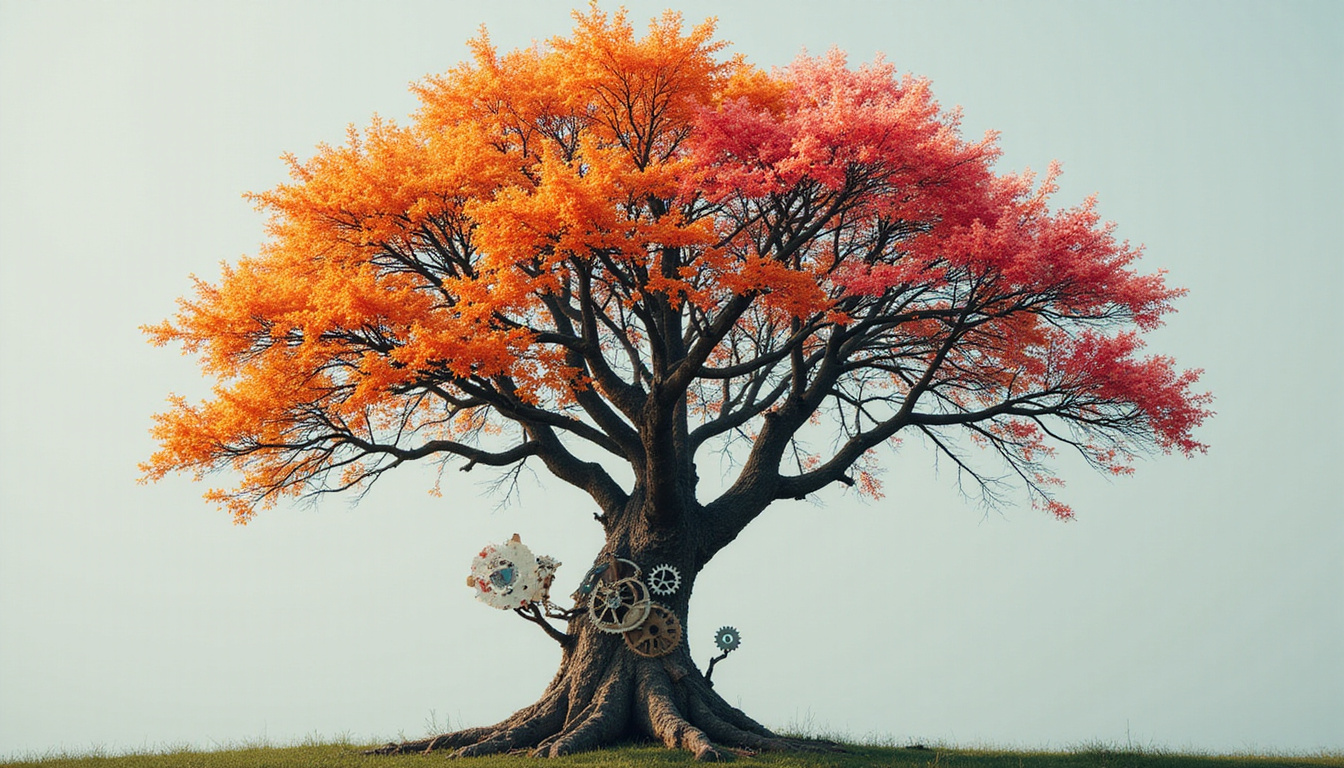 Tattered survival guide morphing into blooming tree, clockwork gears transforming stress into growth