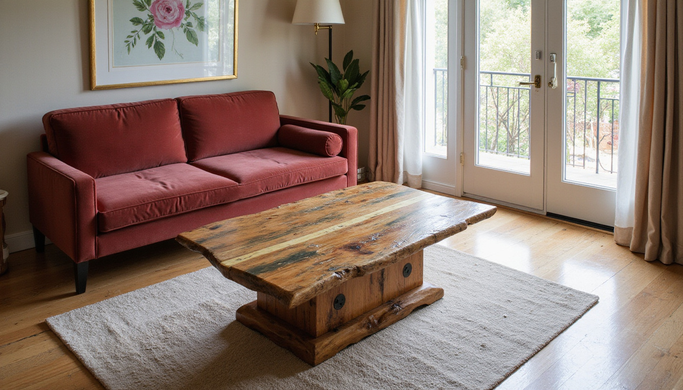 Elegant living room featuring upcycled reclaimed wood table with brass inlay velvet sofa soft sunlight