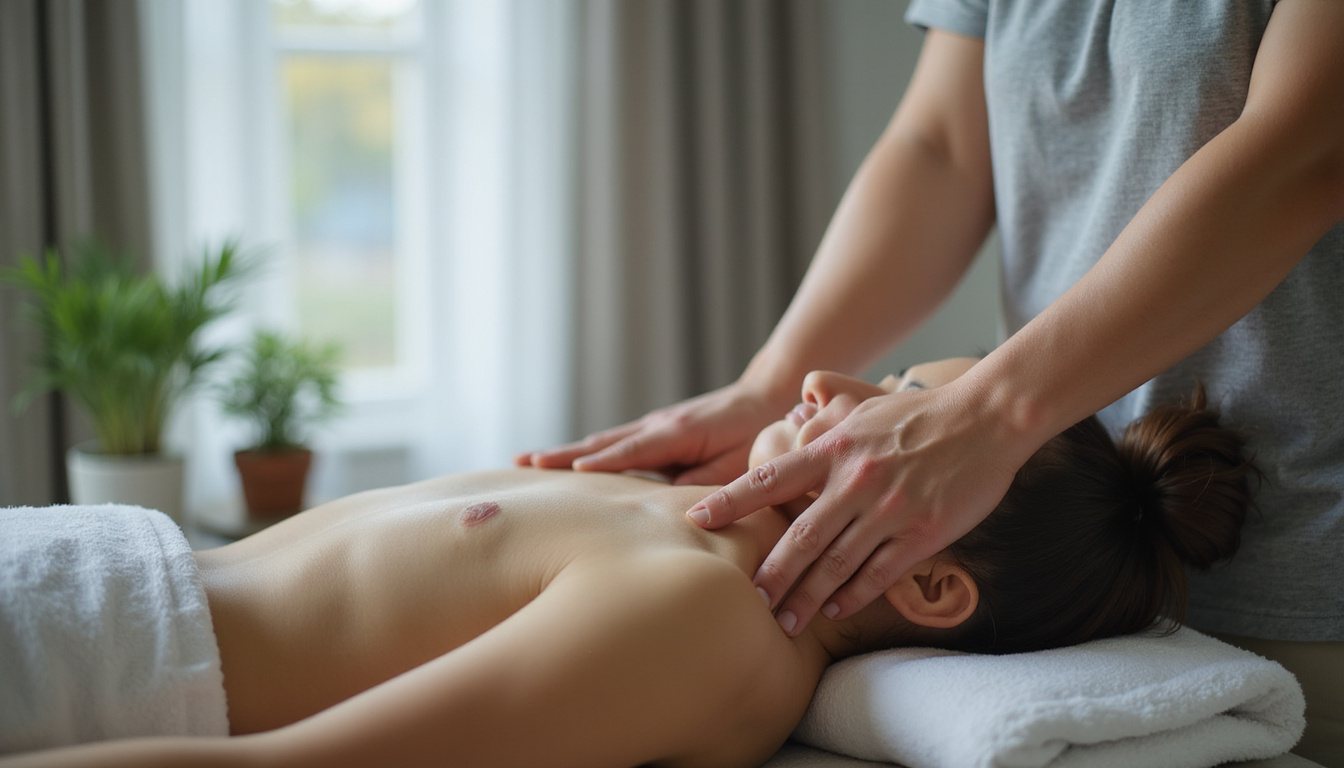  Patient relaxed on table, therapist applying deep tissue techniques, stiffness dissolving into light