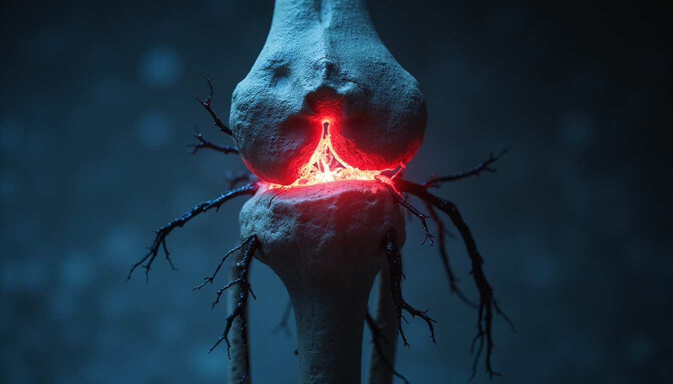  Dark laboratory shadow, fractured joint with exposed nerve, creeping black tendrils, ominous warning symbols