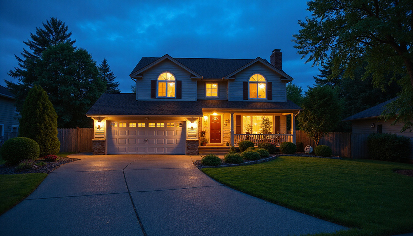  Twilight exterior of suburban home, warm interior lights glowing, HDR, drone perspective, manicured landscaping
