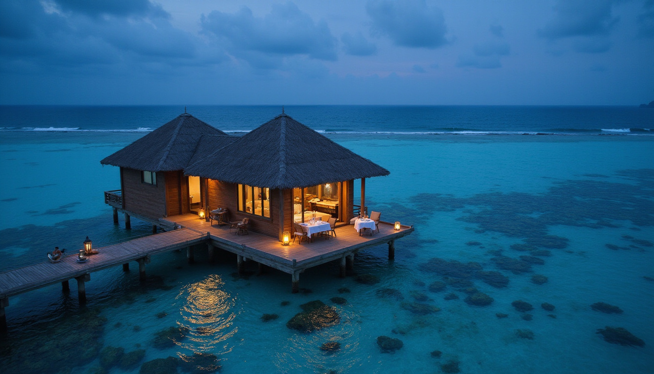  Secluded Red Sea villa, overwater deck, coral reef below, lantern-lit dinner, cinematic aerial view